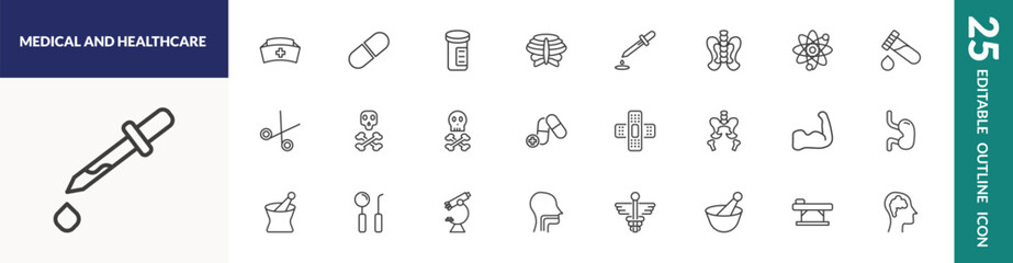 outline medical and healthcare icons set. editable linear nurse cross, pills jar, dosage medical tool, and other 22 icons in this category isolated on transparent background.