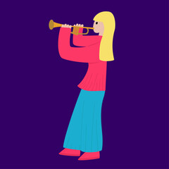 Girl character playing the trumpet. Cartoon kids style 