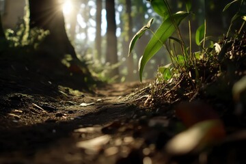 Sunlit Forest Path, tranquil trail surrounded by lush trees, golden light filtering through leaves, inviting depth and serenity in nature.