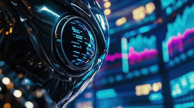 Robot, artificial intelligence technology with stock market data displayed on screens, illustrating advancements in finance, analytics, and digital trading systems.