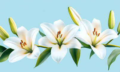 Fototapeta premium Three elegant white lilies showcased against a soft blue background.