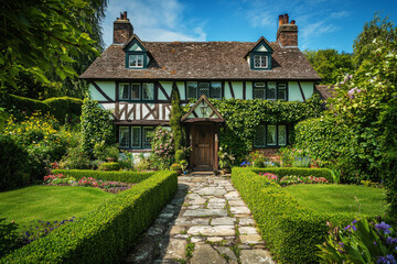 Charming Tudor-style home with ivy, stone pathway, and blooming gardens in serene setting