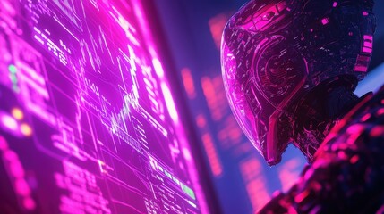 Robot, futuristic technology and digital interface with neon lights in cyber environment. Artificial intelligence analyzing data in virtual reality space.