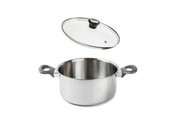 Stainless steel saucepan isolated on white background. Modern saucepan. Kitchen utensils. Cooking pan. Cooking concept. Mockup