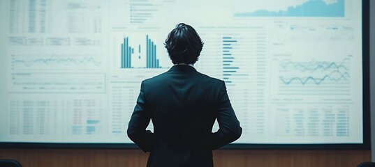 A financial analyst presenting BI data on a digital board, with an empty space for text
