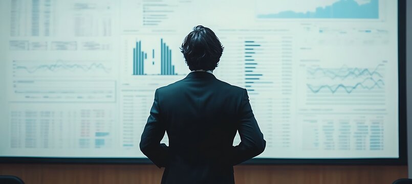 A financial analyst presenting BI data on a digital board, with an empty space for text