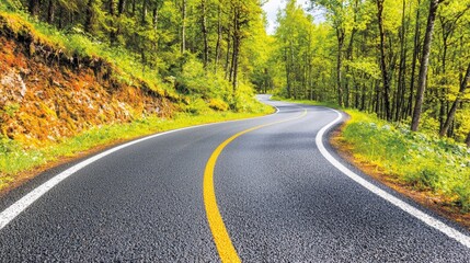 Obraz premium On a beautiful sunny spring day, a winding road meanders through a lush green forest, beckoning travelers to immerse themselves in the splendor of nature and enjoy a picturesque drive surrounded by vi