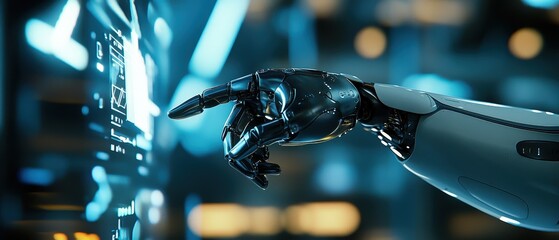 Robot hand interacting with futuristic holographic interface and digital data visualization, highlighting advancements in artificial intelligence and technology innovation.