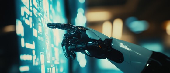 Robot hand interacting with futuristic touchscreen displaying data and digital graphics. Exploration of artificial intelligence, technology advancement, and innovation in robotics.