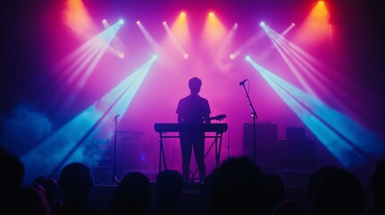 Experience an electrifying live music performance that features a captivating light show, perfectly synchronized with the enchanting sounds of a talented musician skillfully playing the keyboard. This