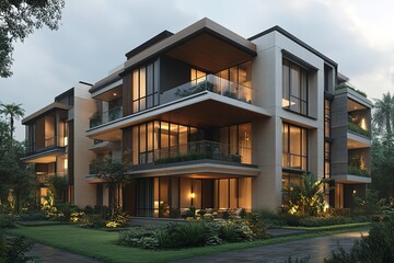 Modern multi-unit dwelling illuminated at dusk Clean lines and expansive windows highlight the contemporary architecture