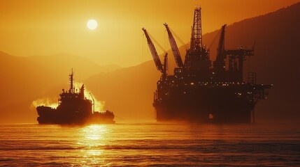 Obraz premium Sunset Over Ocean with Tugboat and Oil Platform in Silhouette