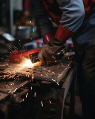 Close-up of a worker using an angle grinder on metal, producing bright flying sparks in a workshop setting. Industrial labor concept.  