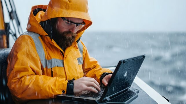 Marine Researcher Working on Laptop Aboard Storm-Tossed Ship for Data Collection