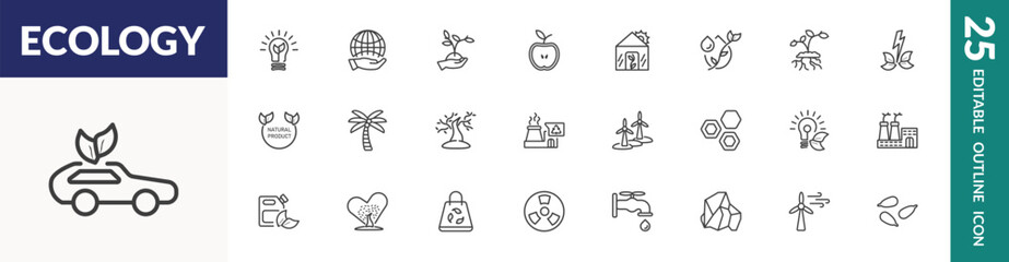 outline ecology icons set. editable linear green energy, plant on a hand, green house, and other 22 icons in this category isolated on transparent background.