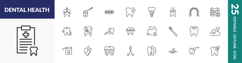 Obraz premium outline dental health icons set. editable linear intraoral, dental brackets, implant, and other 22 icons in this category isolated on transparent background.