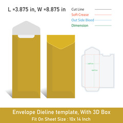 Envelope Dieline template, With 3D Box, Size 3.875 x 8.875 in, Vector File