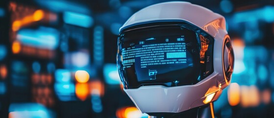 Fototapeta premium Robot helmet with digital display showcasing advanced AI technology, futuristic design and cybernetic elements in high-tech environment. Concept of innovation and robotics.
