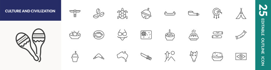 outline culture and civilization icons set. editable linear native american totem, surfing a sea turtle, native american canoe, and other 22 icons in this category isolated on transparent