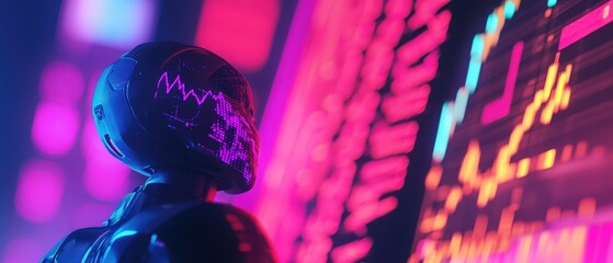 Robot in neon-lit environment analyzing stock market trends on digital display, showcasing technologys role in finance, investment analytics, and data visualization.