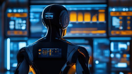 Robot, technology and futuristic interface in a high-tech environment with data visualization, artificial intelligence and digital analysis for business insights.