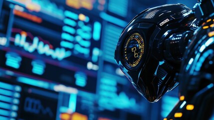 Naklejka premium Robot, technology and digital currency with background graphs displaying cryptocurrency trends in finance. Innovation, AI development, and market analysis concepts.