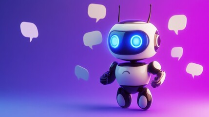 Fototapeta premium Robot with glowing blue eyes against a colorful background, featuring speech bubbles, symbolizing communication, technology, and artificial intelligence interaction.