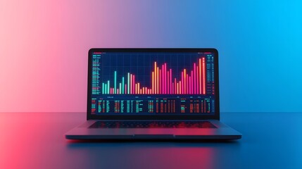 Sleek Laptop Display with Glowing Financial Analytics Widgets on Professional Blue Backdrop