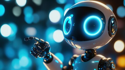 Fototapeta premium Robot with glowing blue eyes pointing at the camera amid a bokeh background, showcasing artificial intelligence and technology in a futuristic setting.