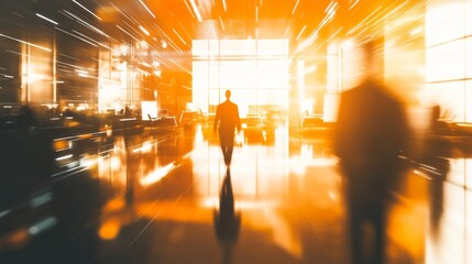 Silhouettes of professionals navigating a bustling urban office space at sunset, with warm golden light filling the expansive area and reflections on polished surfaces creating an atmospheric effect