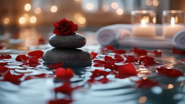 A romantic spa scene with white towels, a glowing candle on a stone, and red rose petals floating on water. Concepts of relaxation, luxury, romance, self-care, and tranquility.