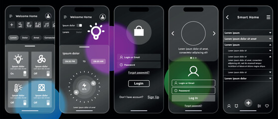 Sleek vector illustration of a smart home app interface displayed on a smartphone. The design features a glass base, modern icons and controls.
