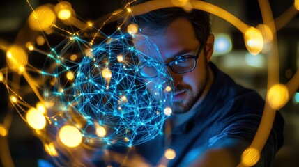 Scientist exploring digital connections with glowing network nodes, representing technology innovation, data analysis, and future connectivity in research and development.