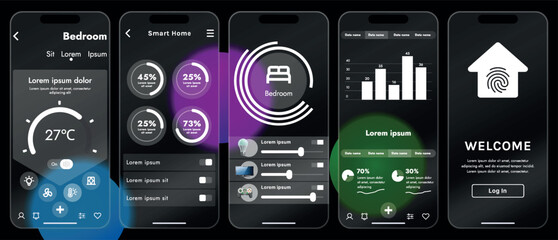 Sleek vector illustration of a smart home app interface displayed on a smartphone. The design features a glass base, modern icons and controls.