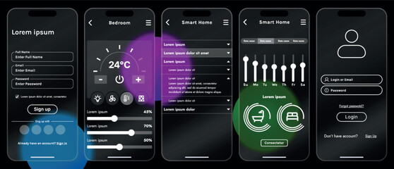 Sleek vector illustration of a smart home app interface displayed on a smartphone. The design features a glass base, modern icons and controls.