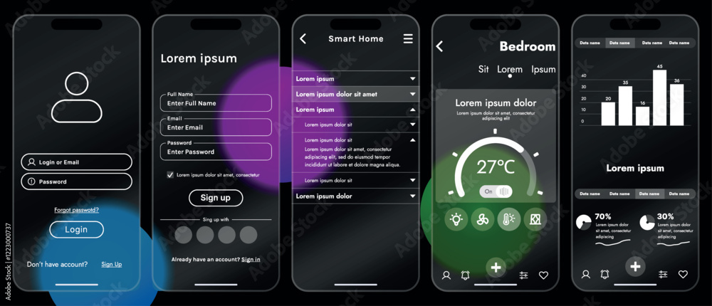 Sticker sleek vector illustration of a smart home app interface displayed on a smartphone. the design featur