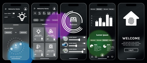 Sleek vector illustration of a smart home app interface displayed on a smartphone. The design features a glass base, modern icons and controls.