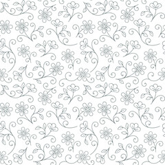 Seamless vector pattern of flowers and curved branches in linear drawing style, design for textile print, packaging, wallpaper