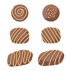 Set of chocolate candy with decorative design in cartoon. Perfect for confectionery, dessert theme, sweet treat, gift idea or festive celebration.