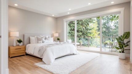 Modern bedroom with large window, forest view, and light wood floors