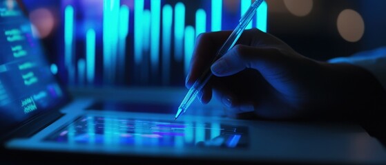 Stock market data analysis on laptop with hand holding pen for financial research, investment strategies, and digital trading insights in glowing blue theme.