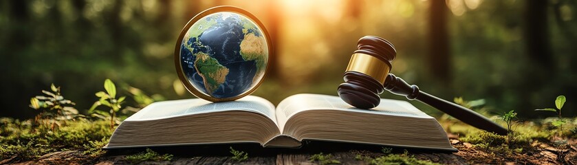 Legal gavel and open book with environmental law content on a table surrounded by nature