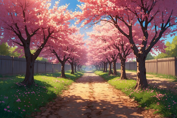 Vibrant cherry trees, morning sun, pink petals on dirt path, glowing blossoms in fresh anime style