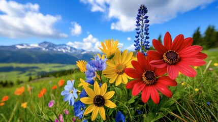 Obraz premium Colorful Wildflowers Blooming in a Scenic Mountain Landscape