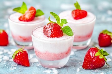 Strawberry mousse served in glass cups, topped with fresh strawberries and mint leaves, surrounded by scattered strawberries and ice on a textured blue surface