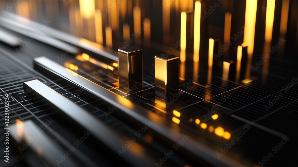 Poster an abstract d bar graph with metal-textured bars on a black grid background, with highlights and sha