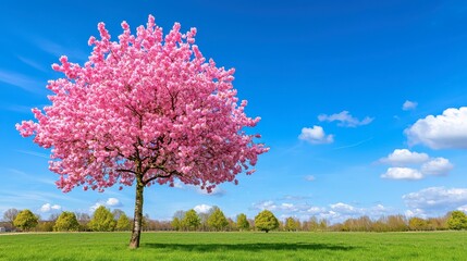 Naklejka premium Vibrant Pink Blossom Tree Against a Clear Blue Sky Landscape