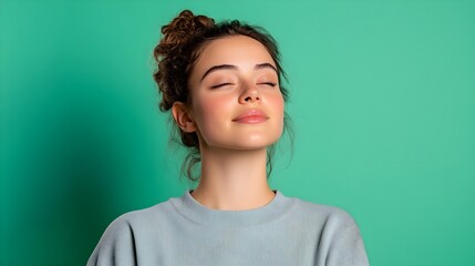 Obraz premium Young Woman Enjoying Peaceful Moment Against Solid Green Background