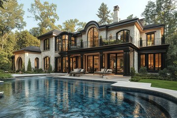 Fototapeta premium Luxury estate with expansive pool and meticulously landscaped grounds Elegant architecture and stunning outdoor living space