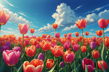 Blooming tulips in vivid hues, curving path, swaying flowers, clear sky, soft clouds, harmonious anime scene